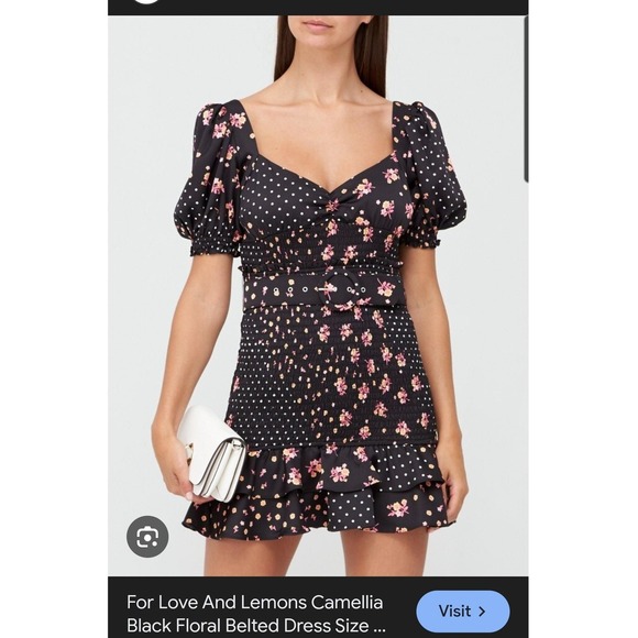 For Love & Lemons Dresses & Skirts - For Love & Lemons Camellia Black Floral Polka Dot Belted Mini Dress Sz S
